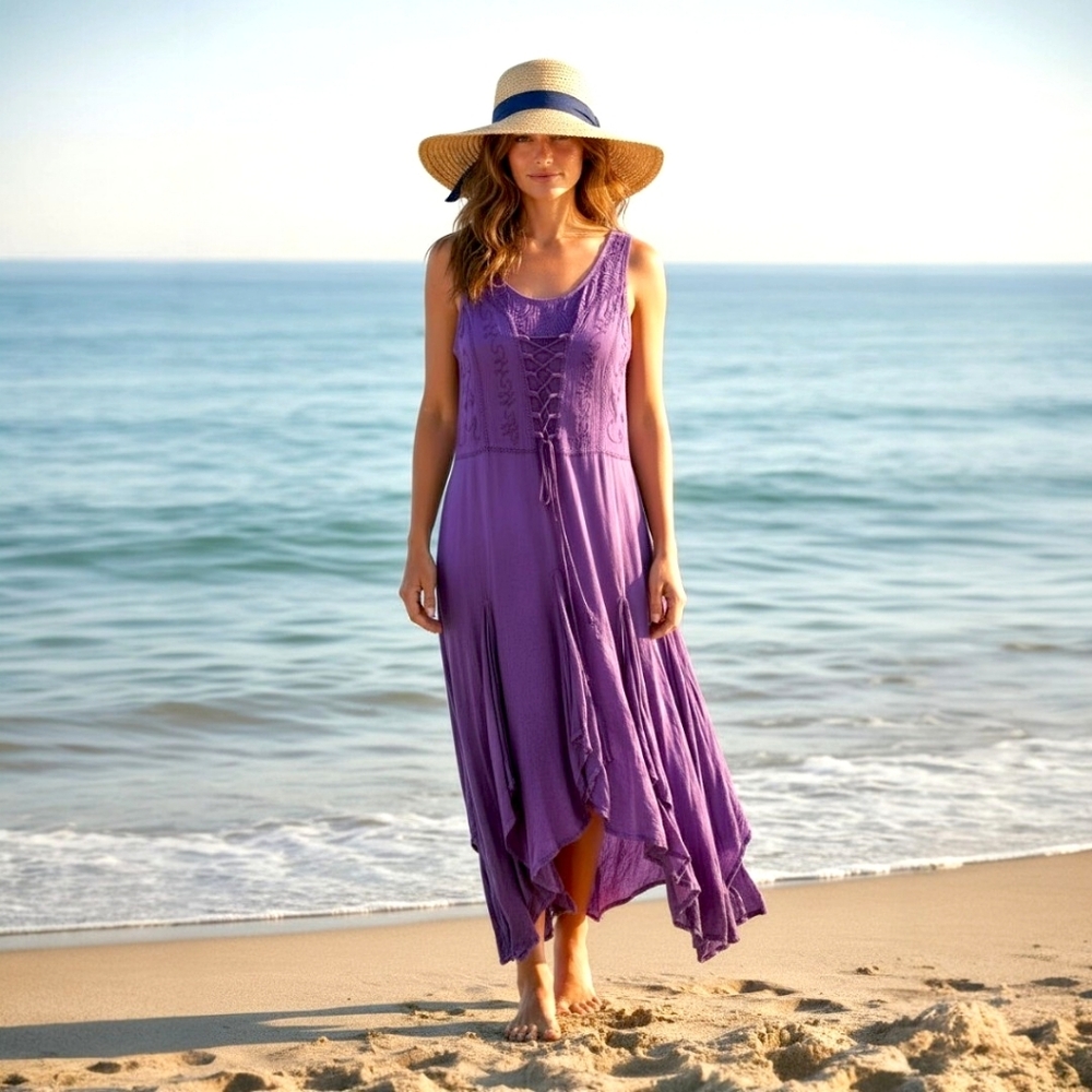 FLOWER Bohemian-Style Purple Handkerchief Dress  - PLUS SIZE